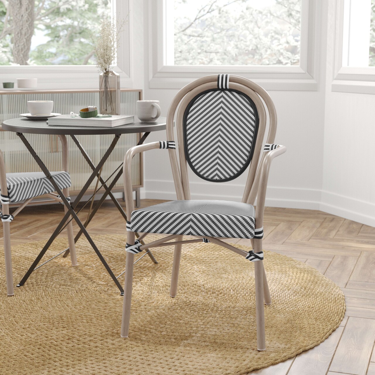 Merrick Lane Mael Set of Two Stacking Thonet Bistro Style Chair with Arms, Textilene Seat, and Bamboo Finished Metal Frame for Indoor/Outdoor Use